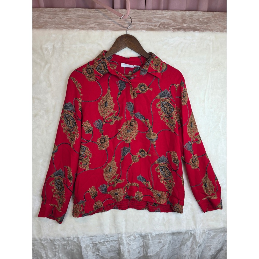 Alfred Dunner Red Tassel Chain Print Elastic Hem Blouse Vintage Style‎ Size 14